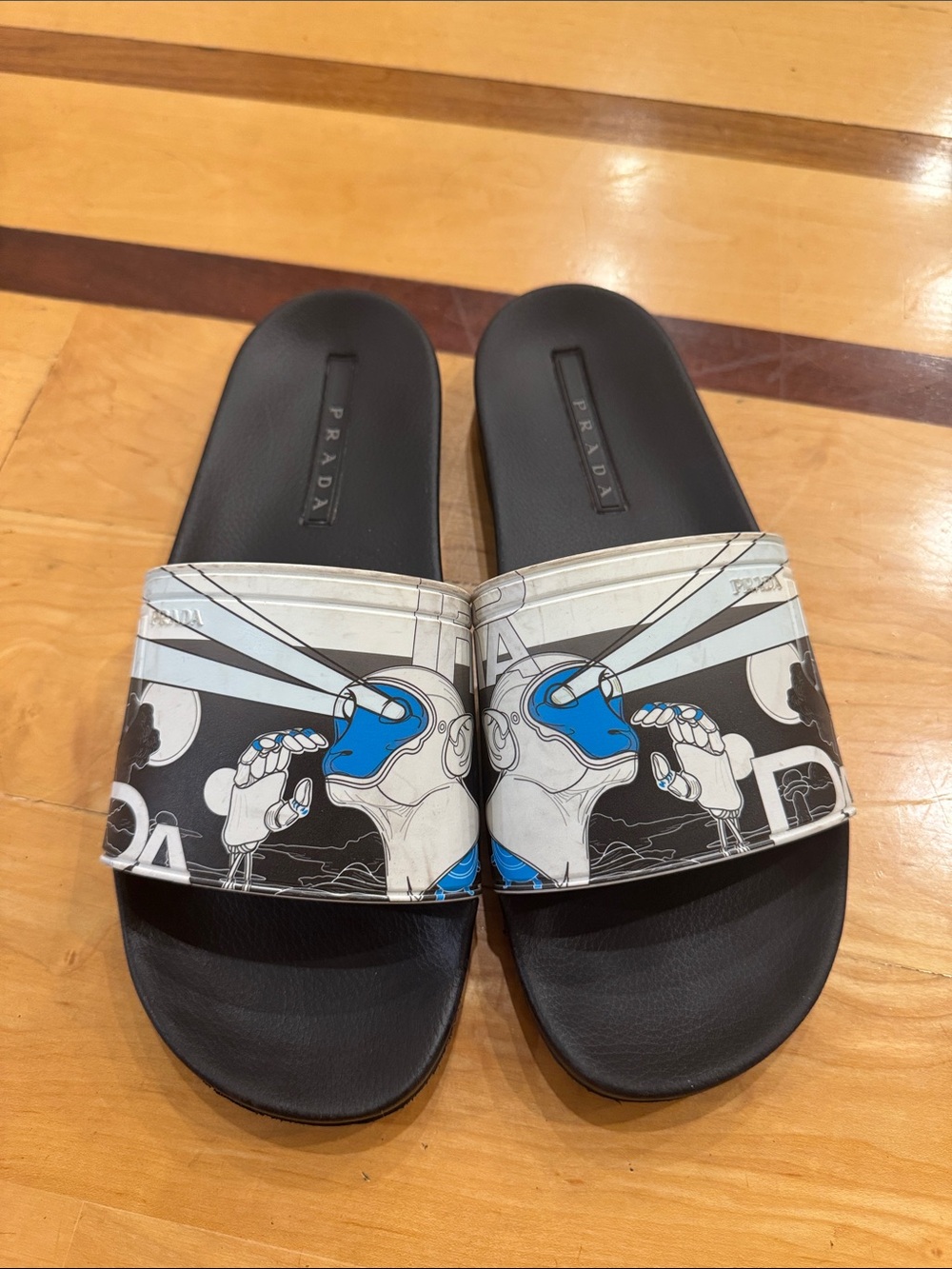 Prada Black White Graphic Slide Sandals with Blue Detail
